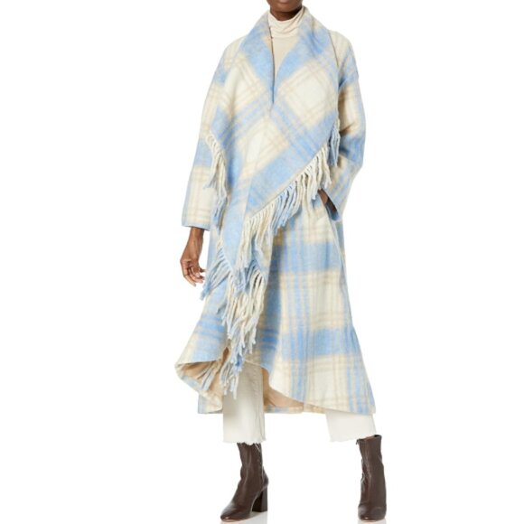Cinq à Sept 'Lita' Wool-Blend Fringe-Trim Plaid Blanket Coat, Glacier Blue Multi - Picture 1 of 2